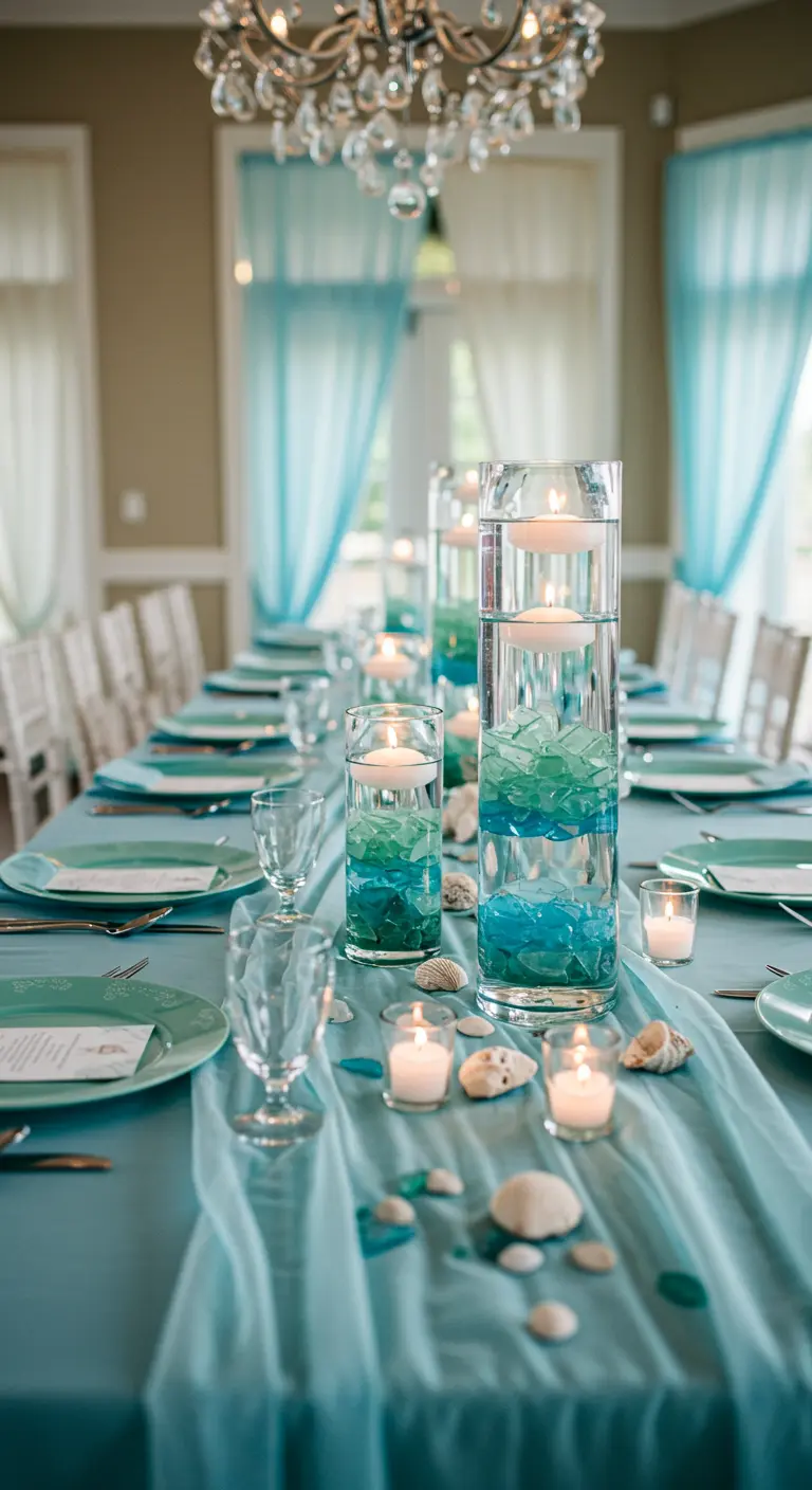 Table centerpiece with sea glass in vases and floating candles.