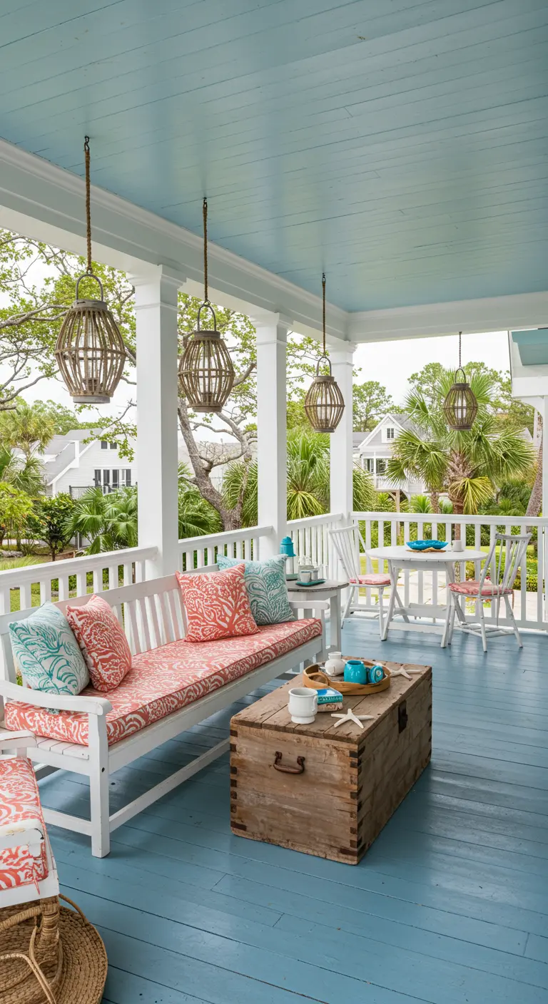 Large porch with blue floor and ceiling, white benches, and coral patterned cushions.