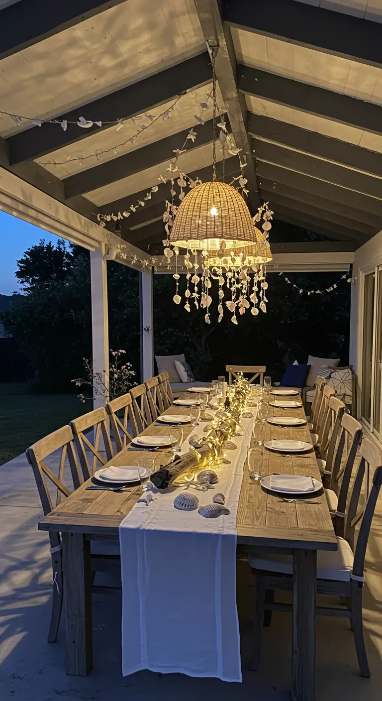 Evening porch dinner with a rattan chandelier and shell garlands.