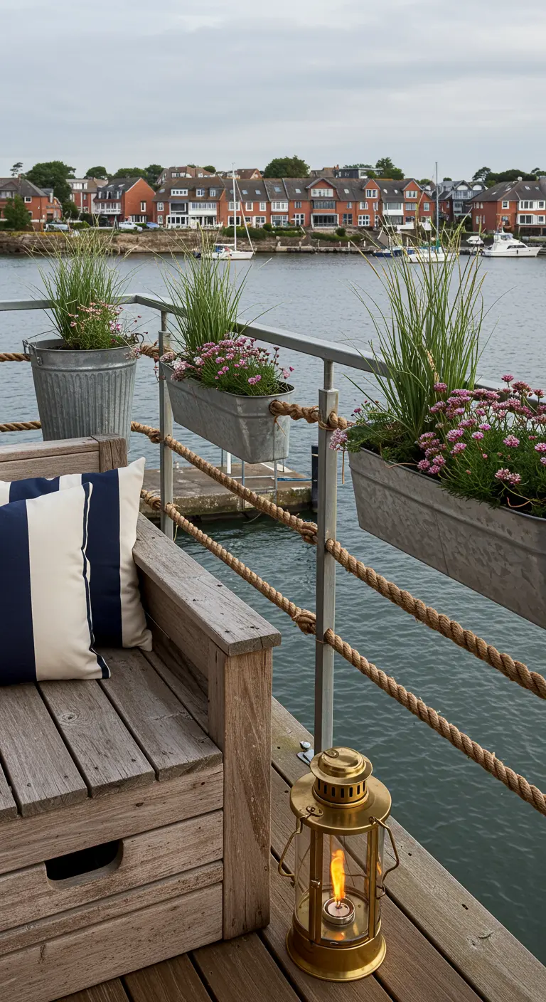 A waterside deck with a wooden bench, rope railings, and plants in galvanized metal containers.