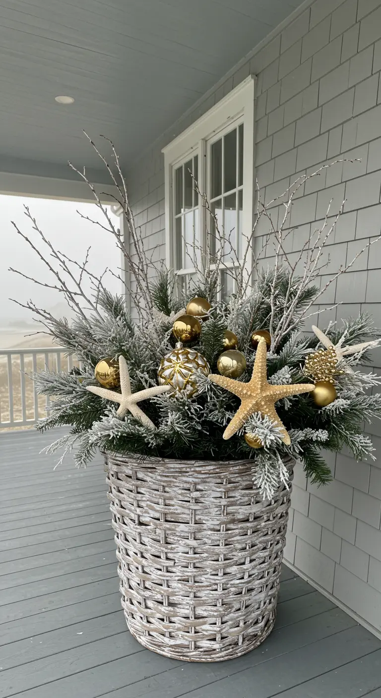A whitewashed basket with flocked branches, gold baubles, and large starfish.