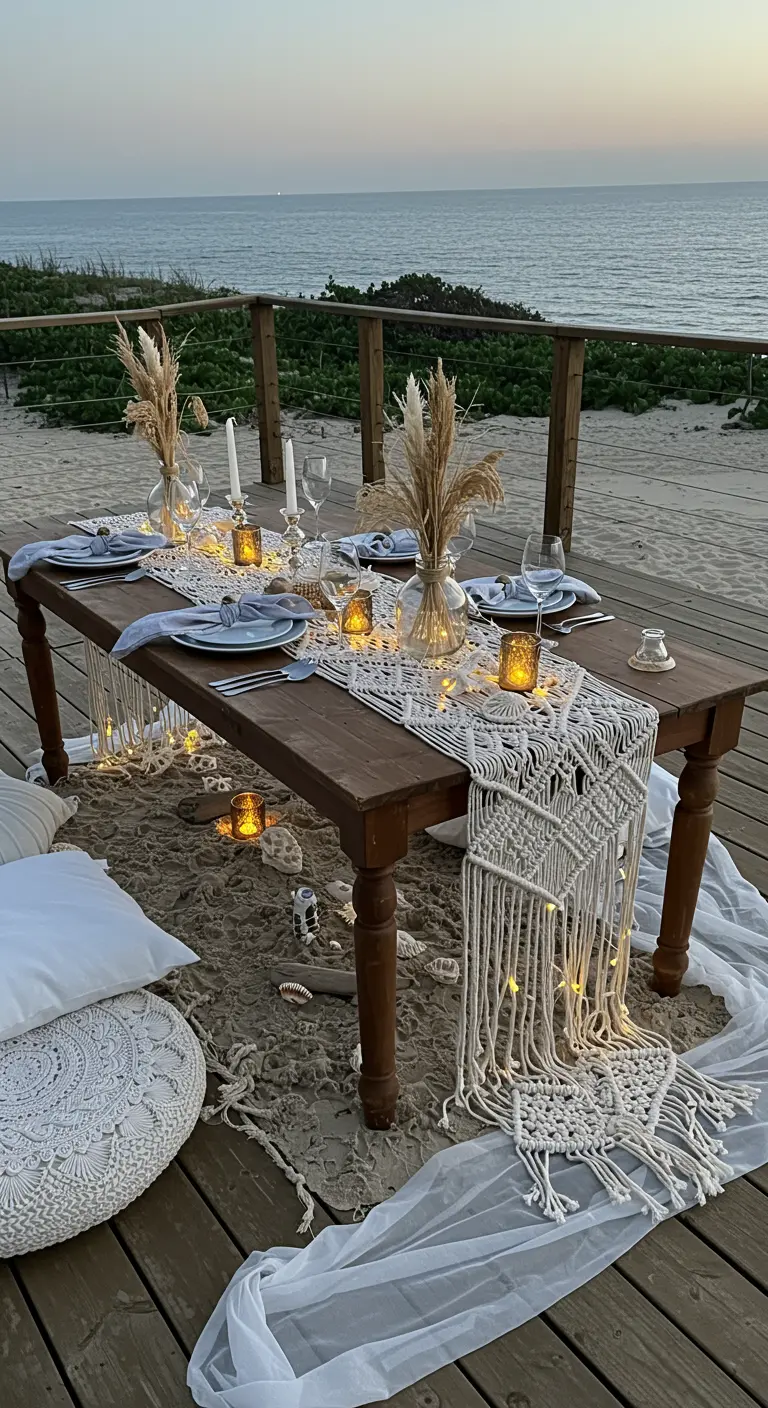 Beachside dining table with a large macrame runner, pillows, and candles.