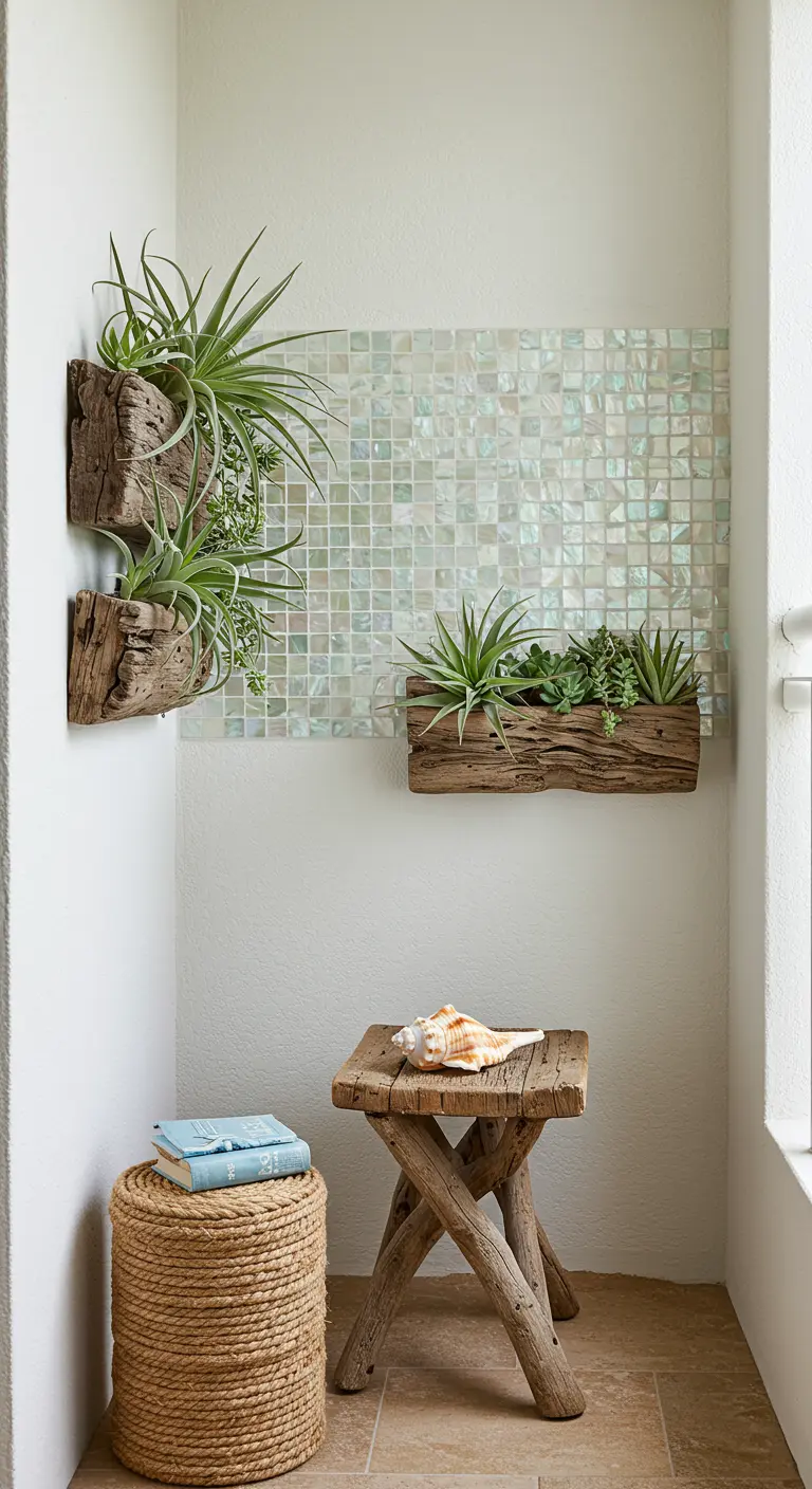 Coastal-themed balcony with pearlescent tiles, driftwood planters, and a rope pouf.