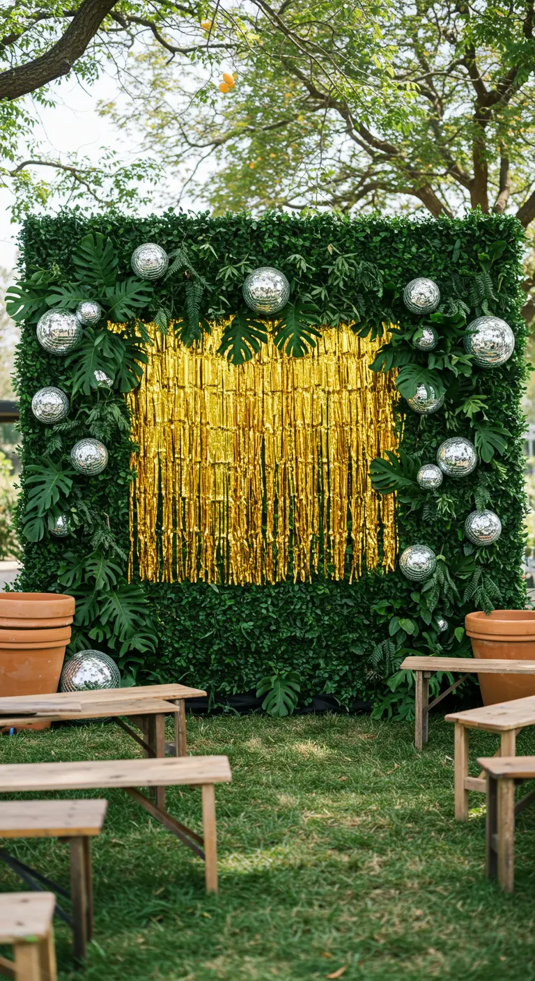 A hedge wall with a gold fringe curtain inset, decorated with disco balls and monstera leaves.