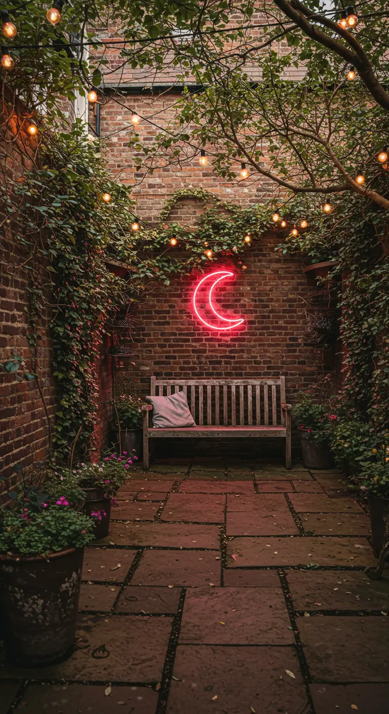 A brick courtyard with a wooden bench and a neon crescent moon sign casting a pink glow.