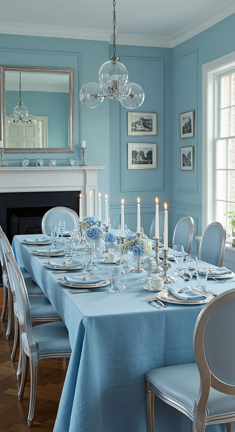 Elegant dining room with powder blue walls and a fully set table for a Valentine's dinner.