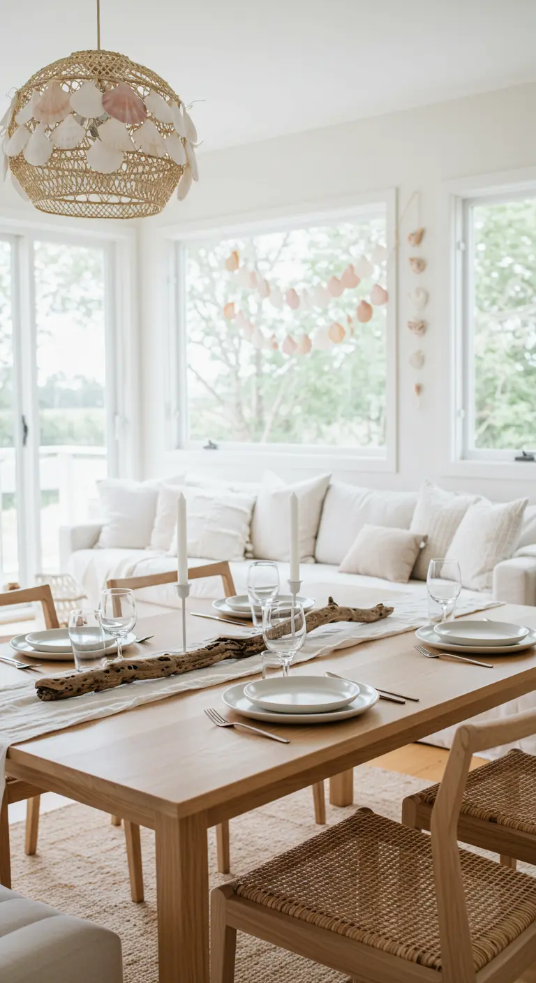 Light-filled dining room with a shell chandelier and driftwood centerpiece.