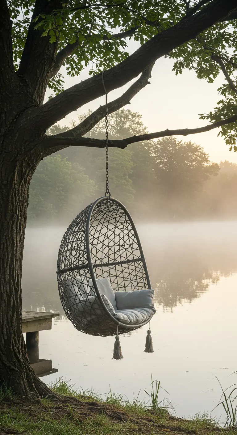A dark gray egg chair with light gray cushions hanging over a misty lake at dawn.