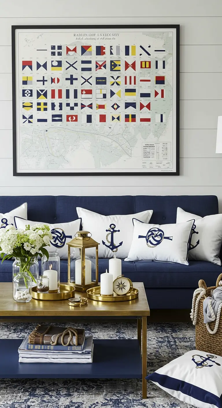 Nautical-themed living room with a signal flag chart, anchor pillows, and brass lanterns.