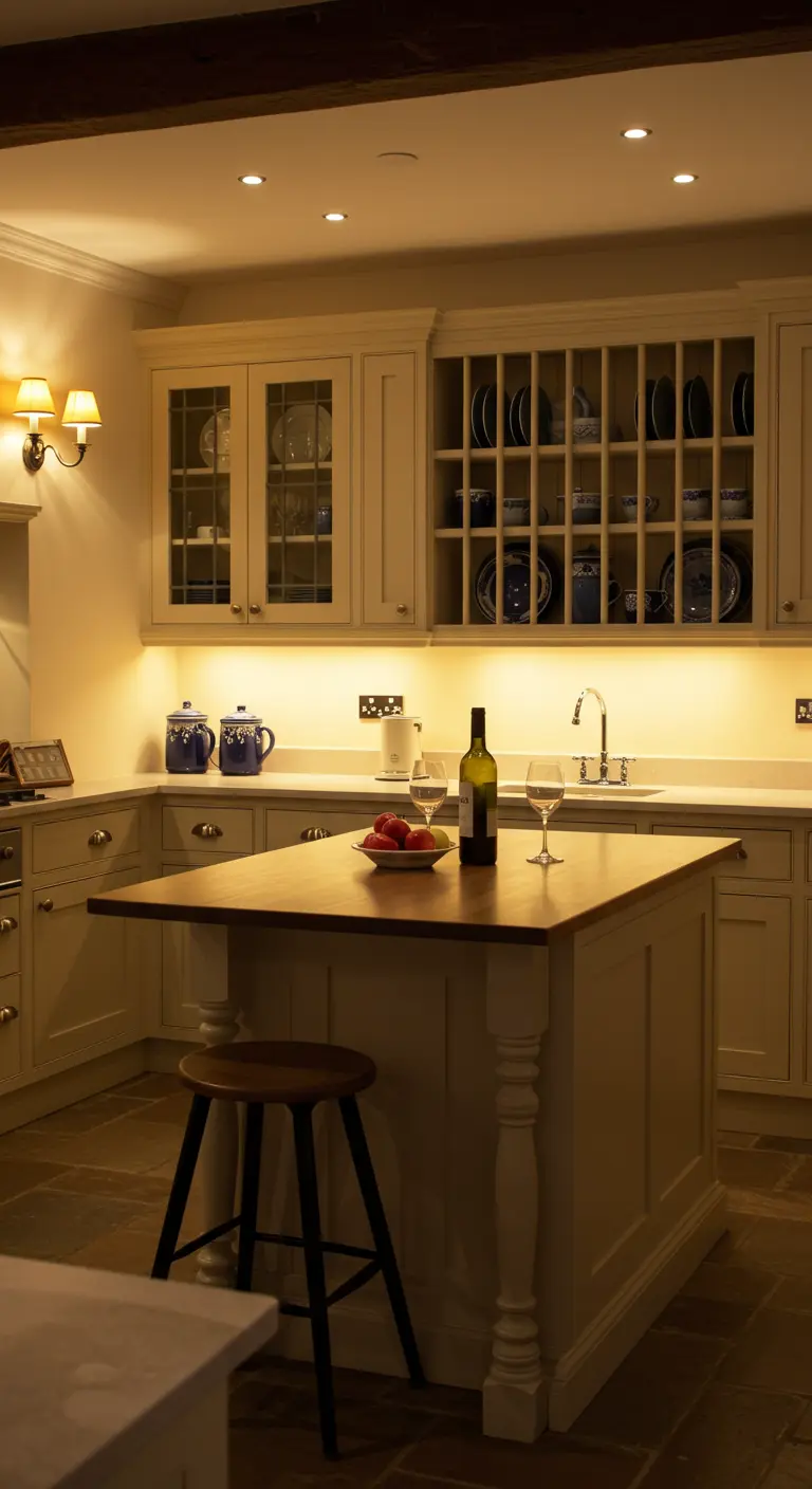 Buttermilk kitchen island illuminated at night by warm under-cabinet and recessed lighting.