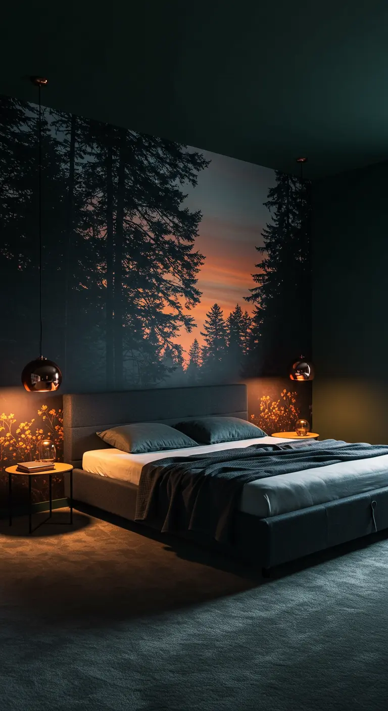 Bedroom with a large forest sunset mural behind the bed, with glowing flowers and copper pendants.