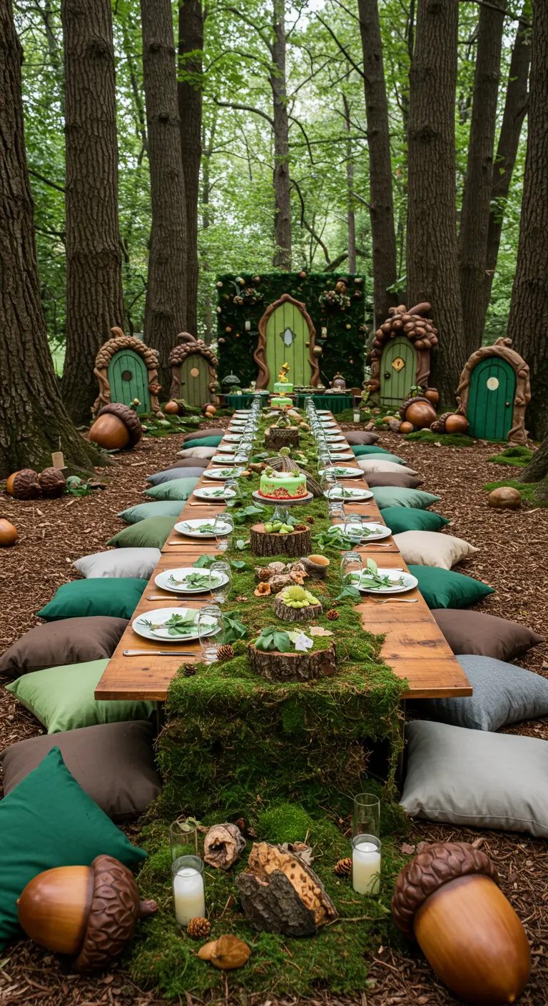 A long, low dining table in the woods surrounded by pillows, with a moss runner and giant acorns.
