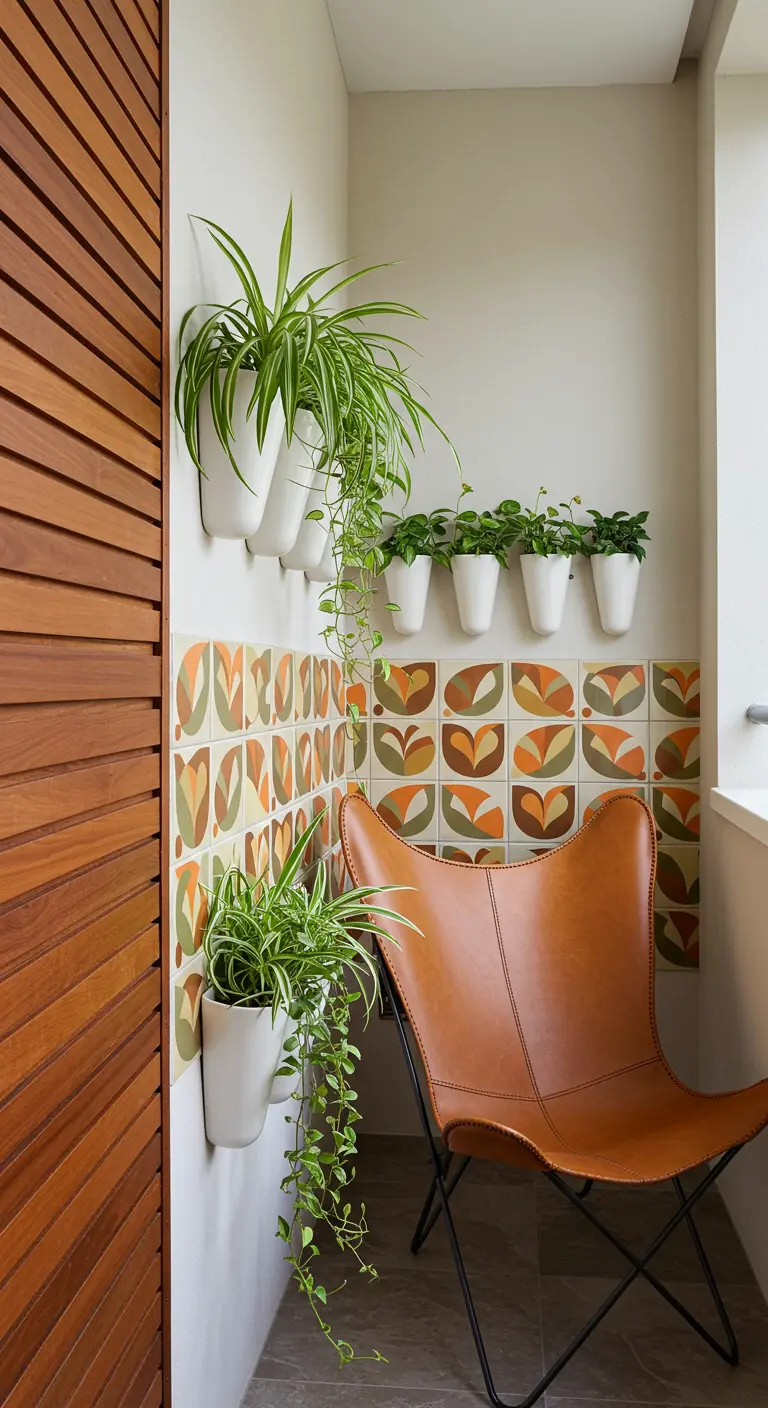Retro 70s balcony with graphic orange tiles, spider plants, and a leather butterfly chair.