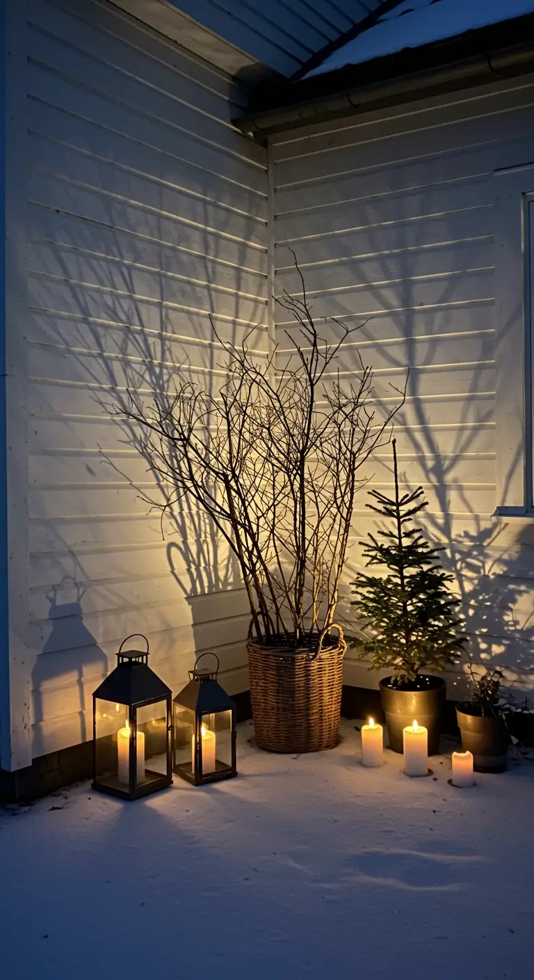 Candlelight casting dramatic shadows of bare branches against a white wooden wall in the snow.