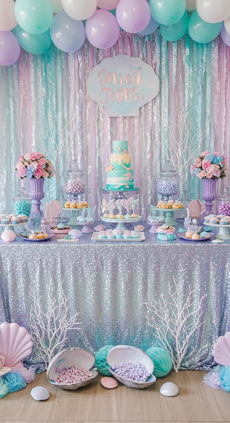 Mermaid-themed dessert table with pastel balloons and sequin tablecloth.