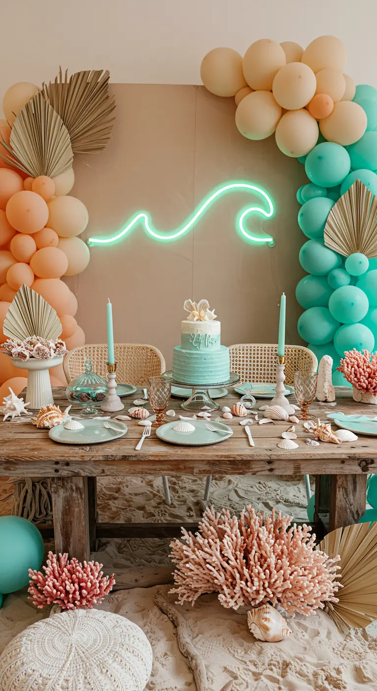 Beach-themed party table with sand on the floor, coral decor, and a neon wave sign.