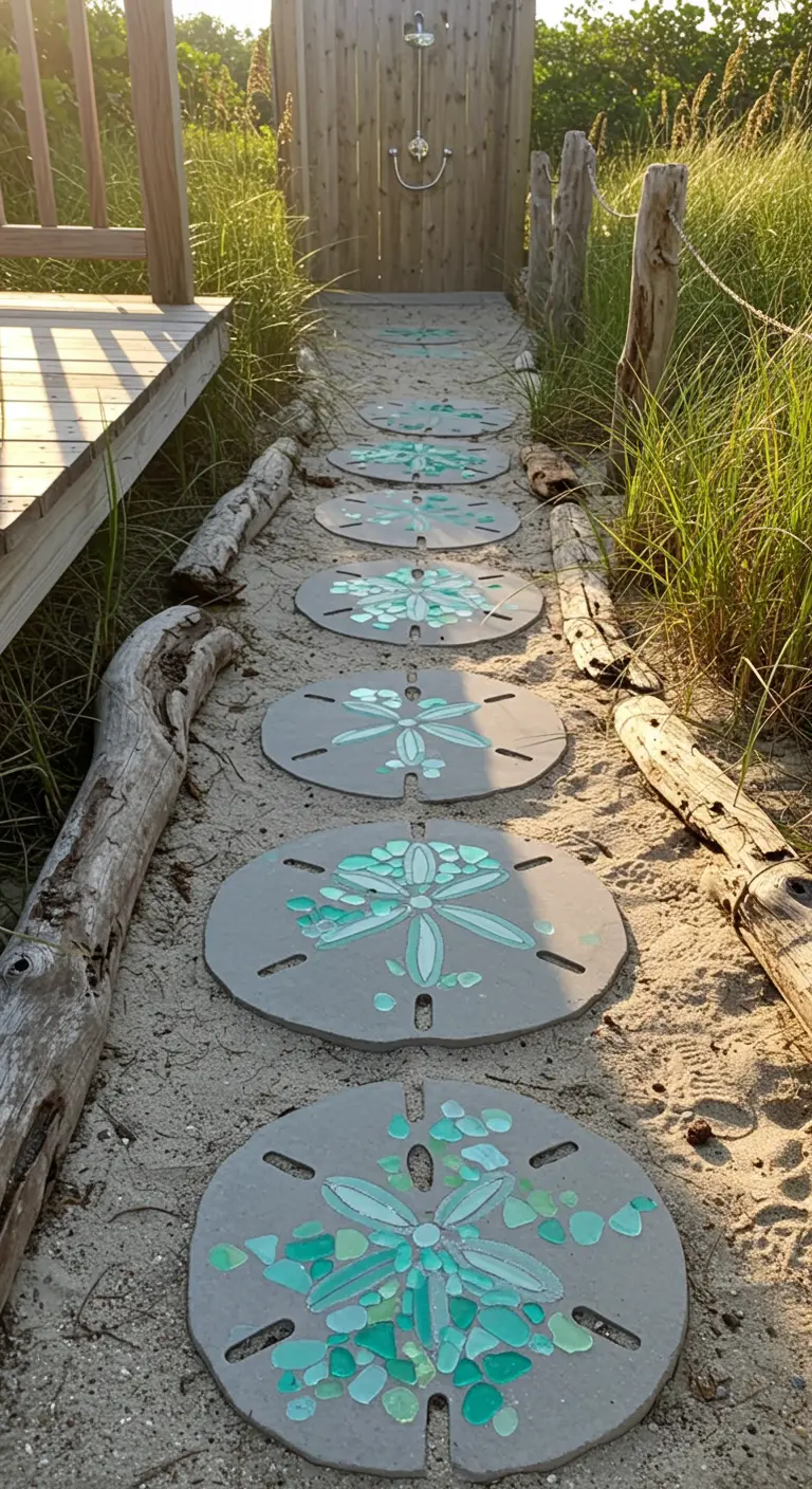 Round sand dollar stepping stones with sea glass mosaics on a sandy path.