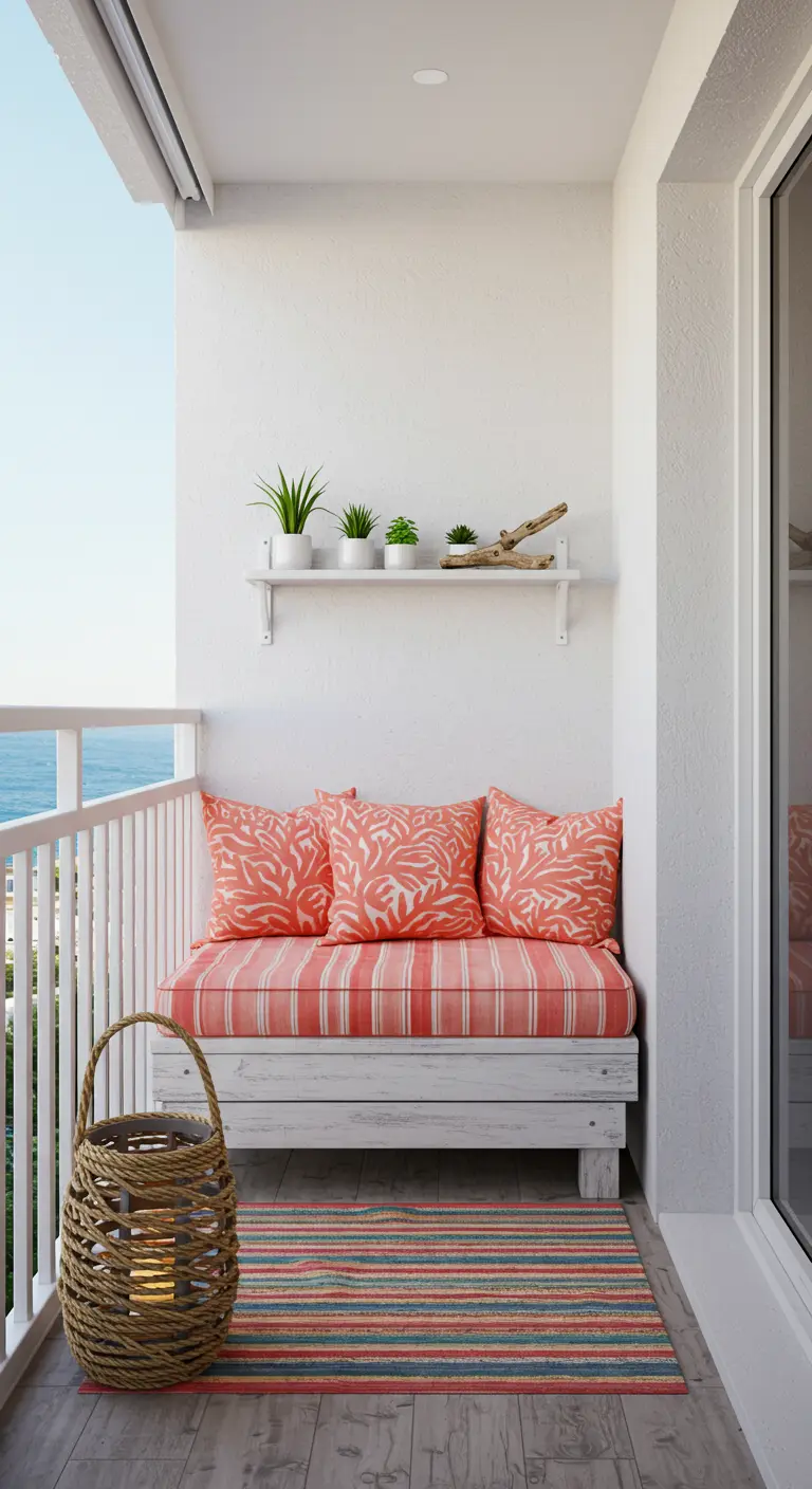 Narrow balcony with a white pallet bench, striped cushion, and a simple shelf.