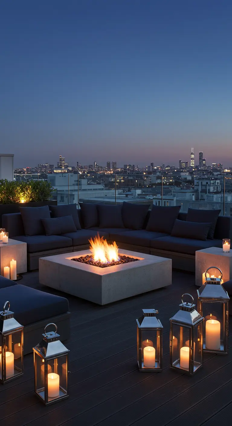 Rooftop terrace with blue cushions, concrete fire pit, and silver lanterns at dusk.