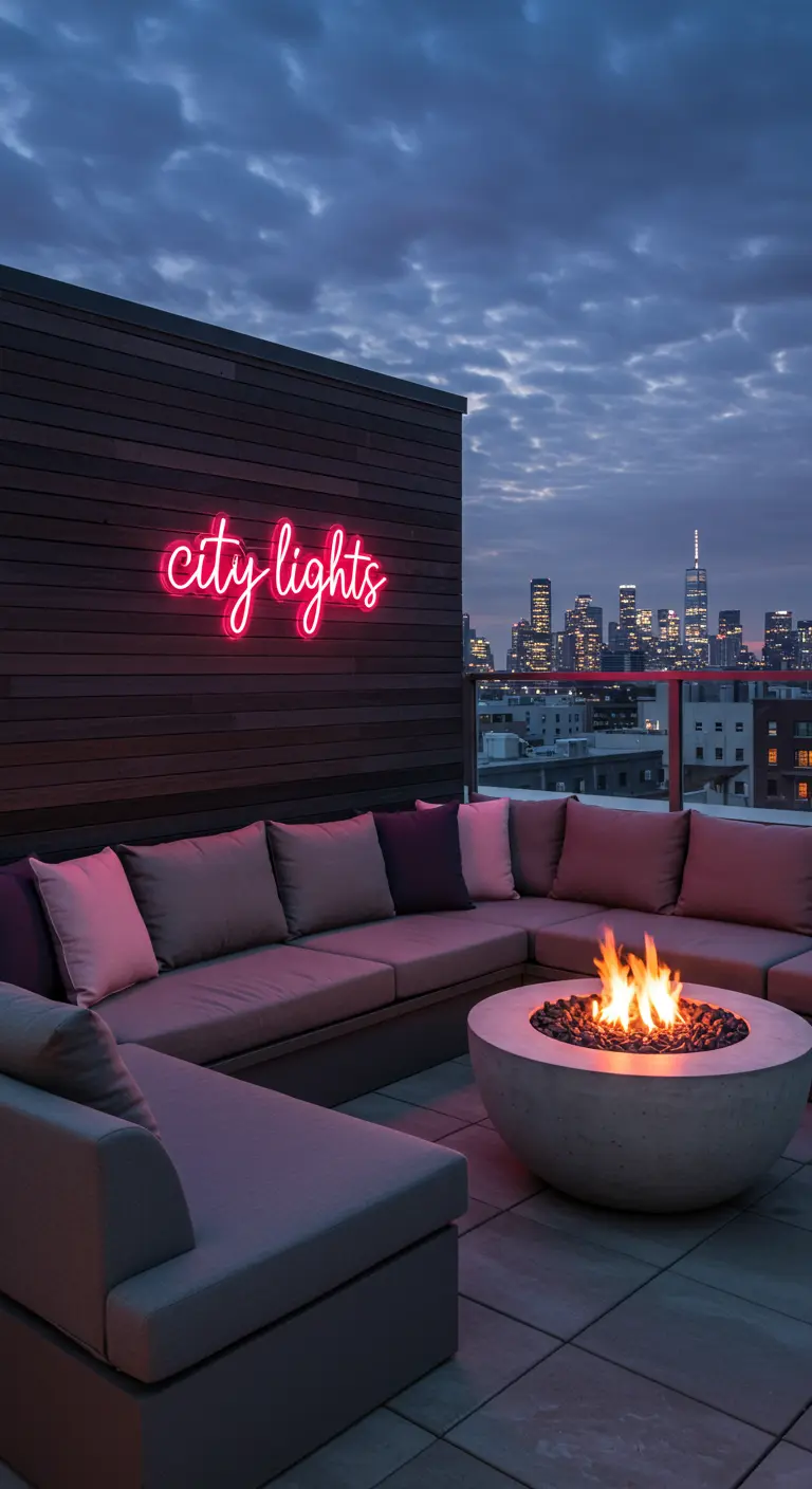 Rooftop patio with a sectional sofa, fire pit, and a pink neon sign that says 'city lights'.