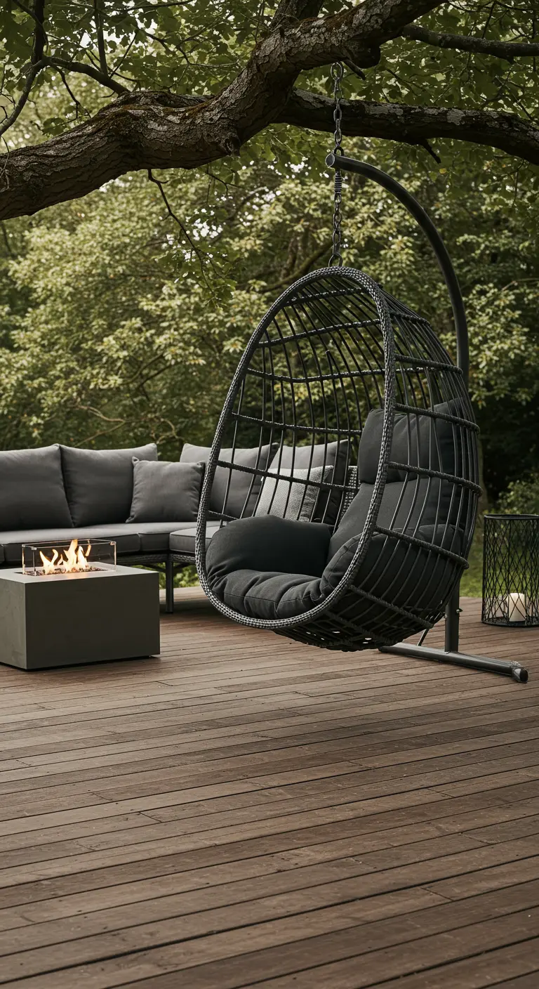 A dark gray egg chair on a stand, placed on a wooden deck next to a modern fire pit and sofa.