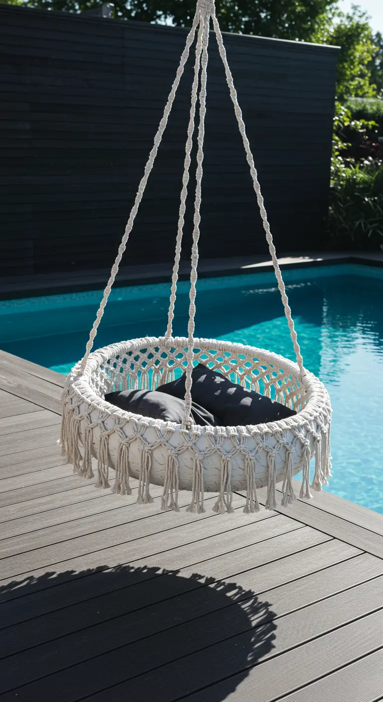 White tire swing with grey cushions beside a modern swimming pool.