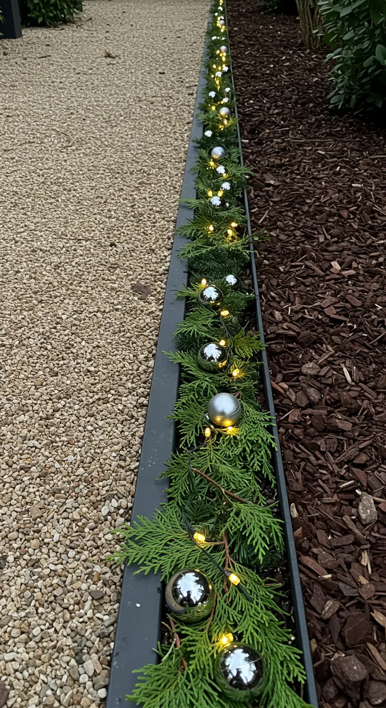 A modern metal garden edge filled with cedar, silver baubles, and lights, dividing gravel and mulch.