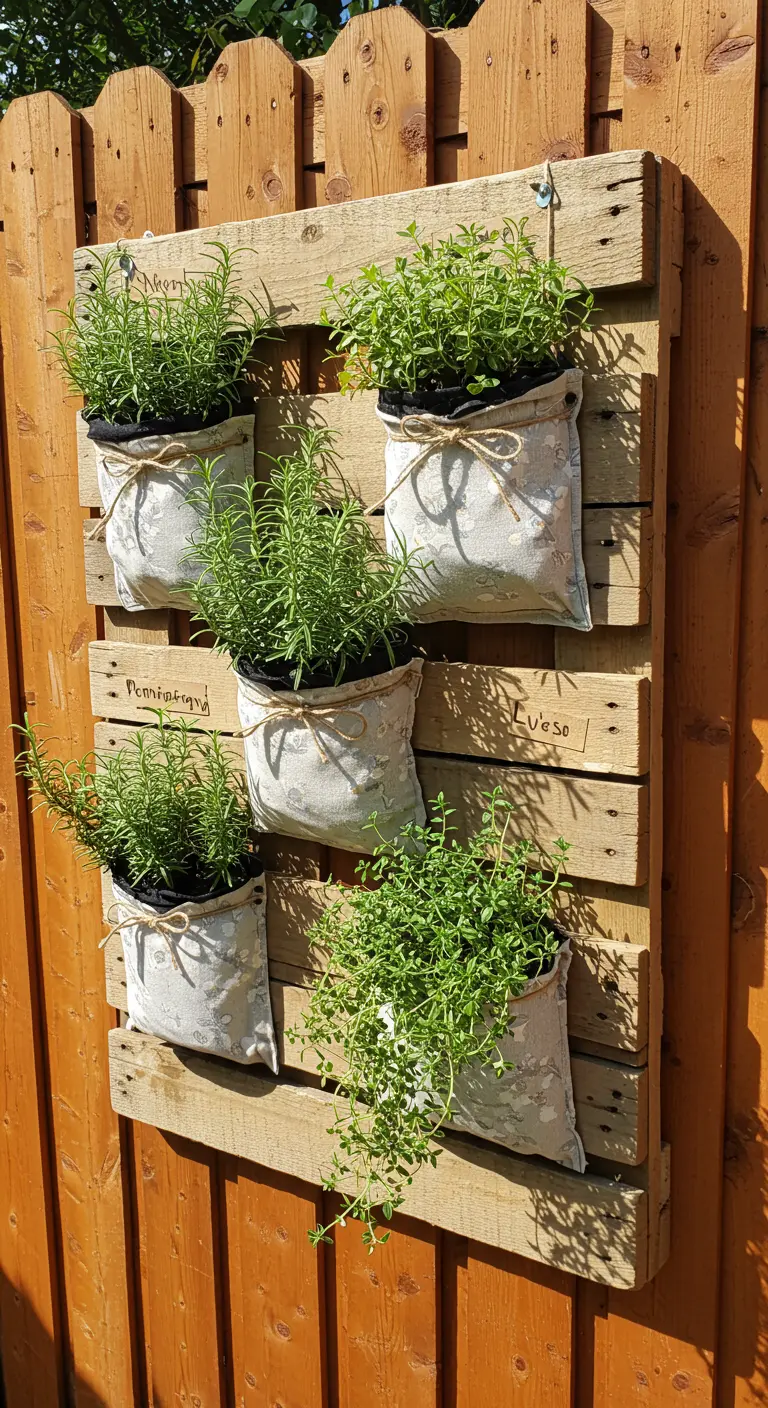 A vertical pallet on a fence with herbs growing in tied fabric pouches.