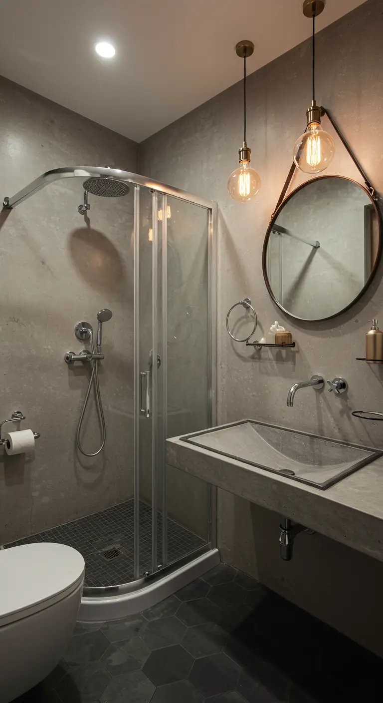 Small bathroom with a corner shower and a round mirror hanging from a leather strap.