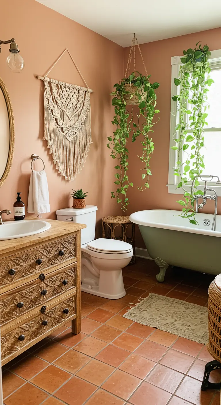 Bohemian bathroom with a carved wood vanity, terracotta floors, macrame art, and many plants.