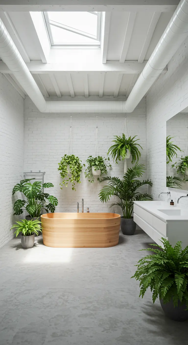 White loft bathroom with a light wood tub and many hanging plants.