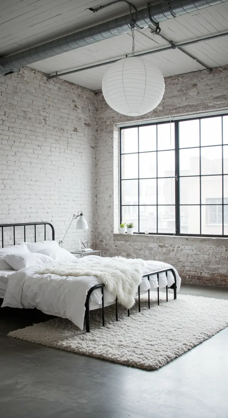 An industrial loft bedroom with whitewashed brick, a metal bed frame, and a large shag rug.