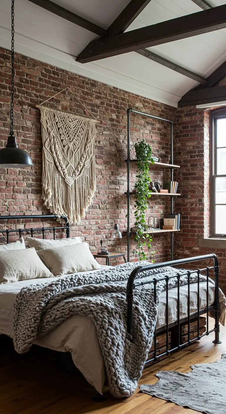 Industrial loft bedroom with an exposed brick wall, metal bed, and a large macramé hanging.