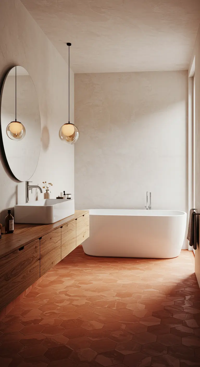 Modern bathroom with hexagonal terracotta floor, a floating vanity, and a large round mirror.
