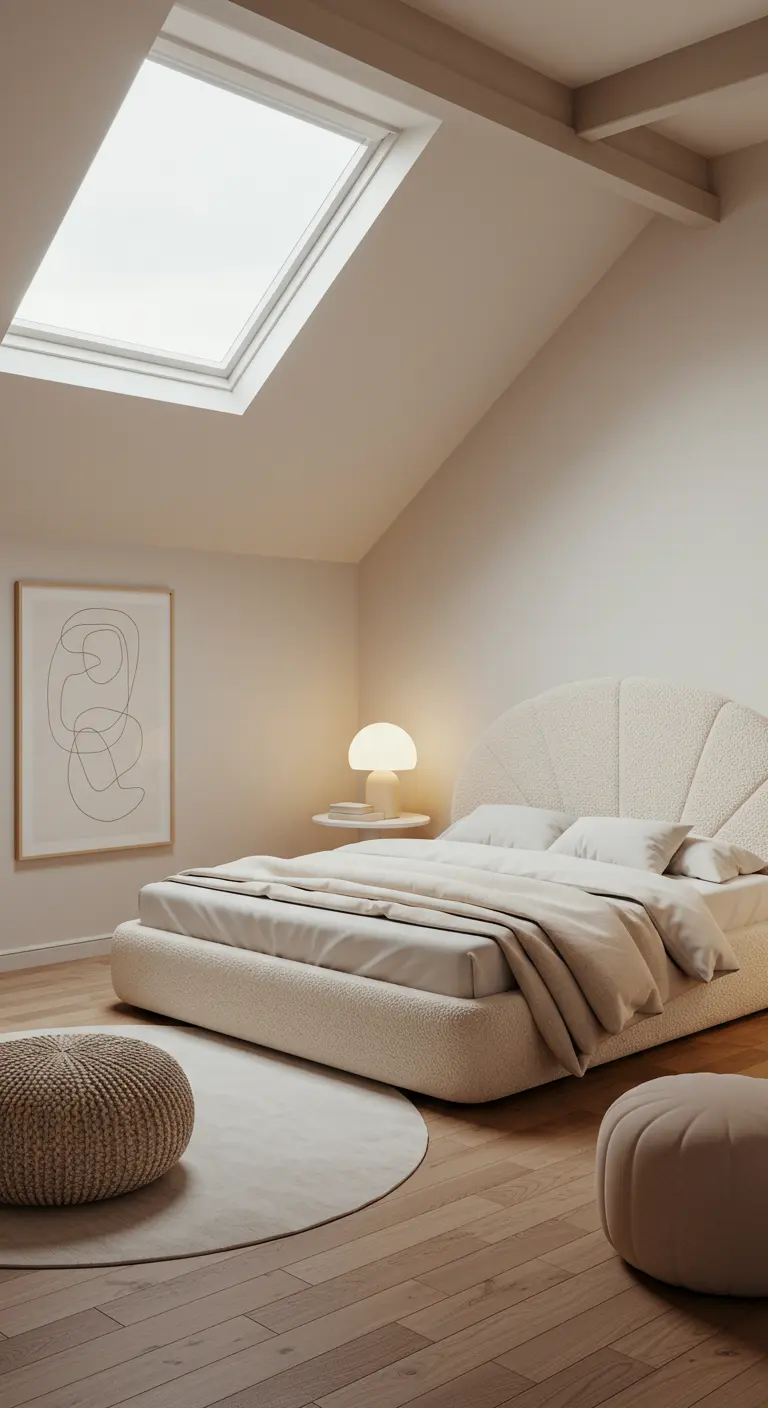 Loft bedroom with a curved, cream-colored bouclé bed and a round rug.