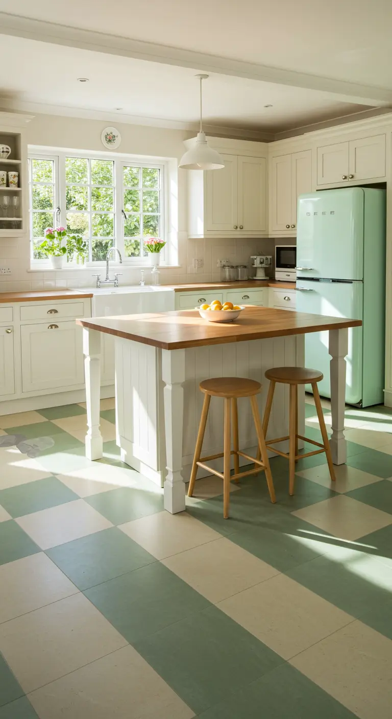 Sunlit kitchen with a mint green retro fridge, white cabinets, and a green checkerboard floor.
