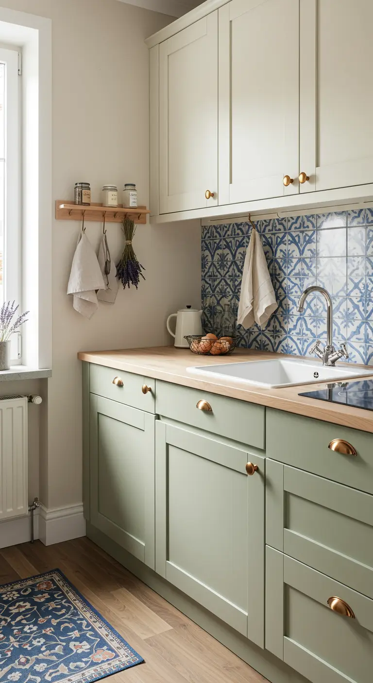 Sage green lower cabinets and a blue patterned tile backsplash in a bright kitchen.