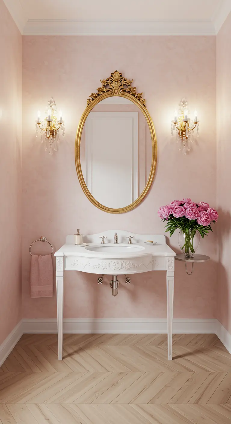 Parisian powder room with blush pink walls, an oval gold mirror, and crystal sconces.