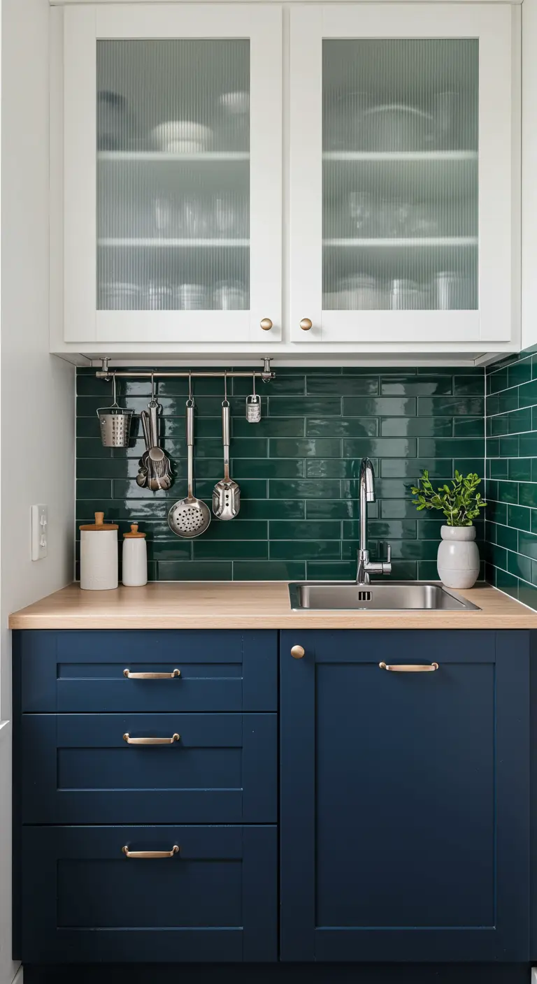 Kitchen with navy lowers and white uppers featuring reeded glass, plus a green tile backsplash.