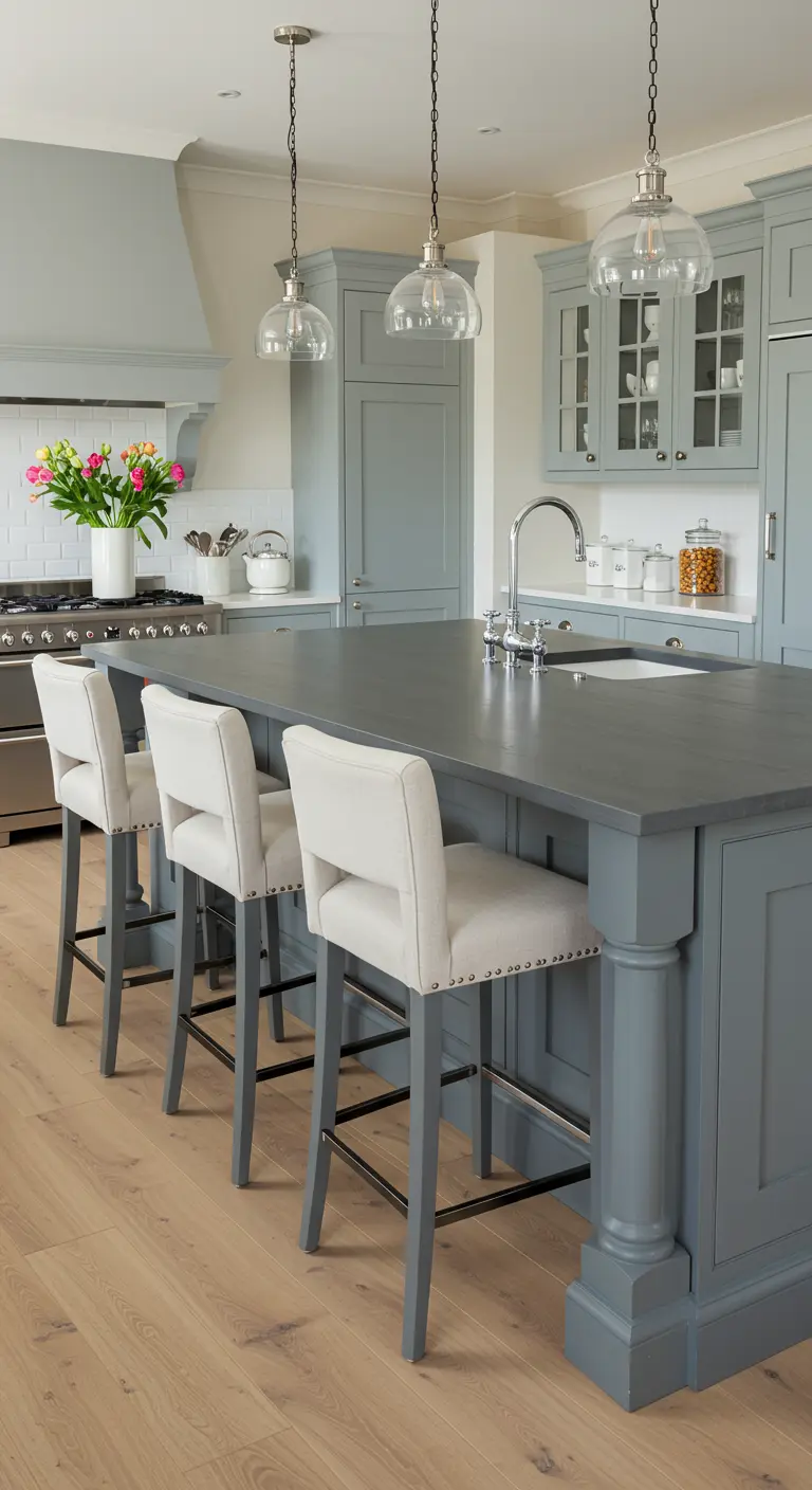Tonal grey kitchen with a large island and off-white upholstered stools with nailhead trim.