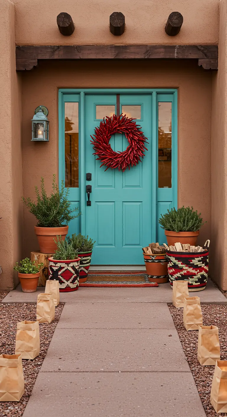 A Southwestern adobe entryway with a turquoise door, a red chili wreath, and luminarias along the path.