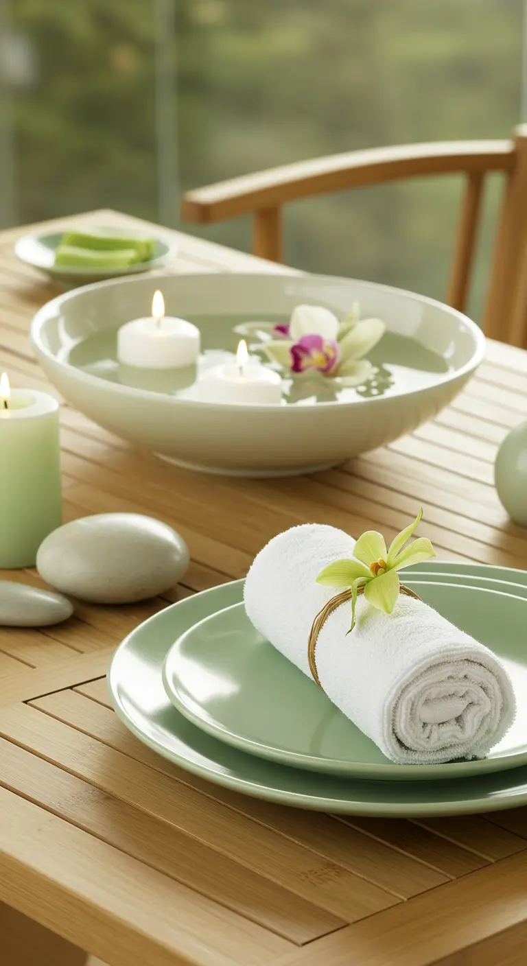 A spa-themed table setting with rolled towels, floating candles, and smooth stones.