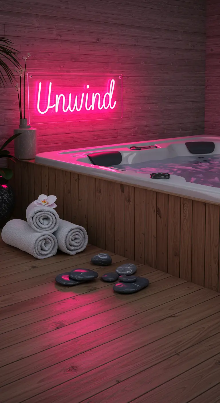 A hot tub area with a wood-paneled wall and a neon sign that says 'Unwind'.