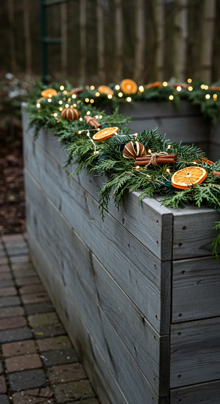 A cedar garland with dried oranges, cinnamon sticks, and lights atop a gray wooden planter box.