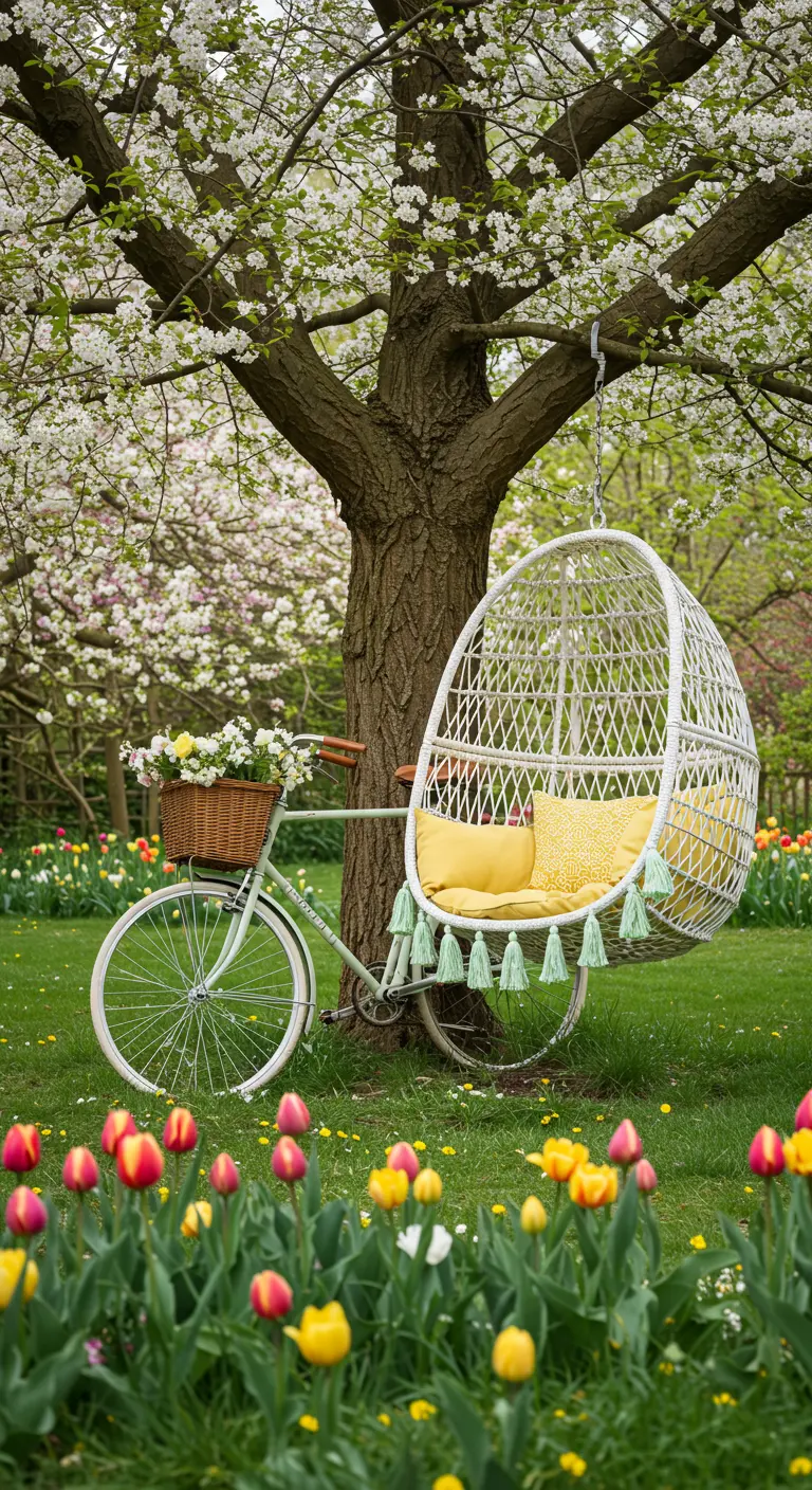A white egg chair with yellow cushions and mint tassels in a spring garden with tulips and a bicycle.