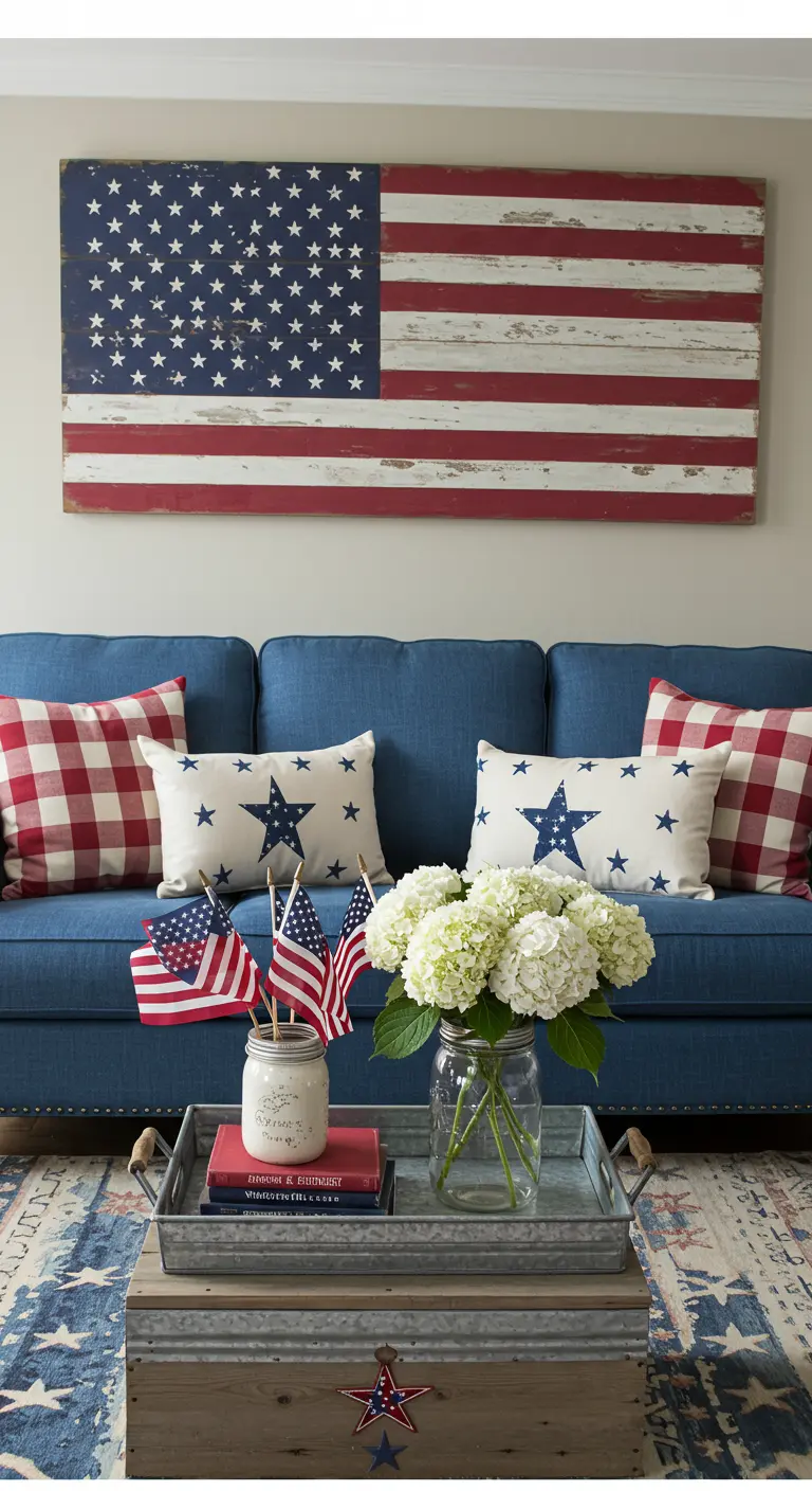 Patriotic living room with a large rustic American flag wall art and star-themed pillows.