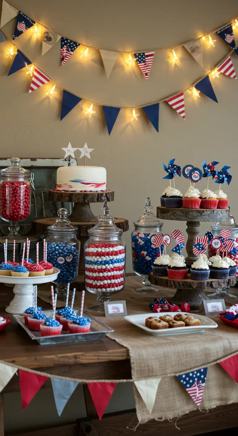 Fourth of July dessert table with layered candy jars, a patriotic cake, and star-shaped lights.
