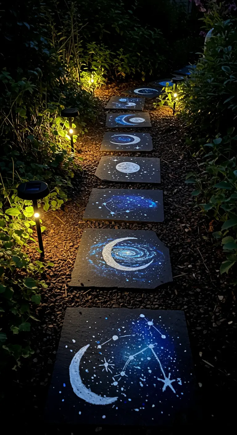 Dark stepping stones painted with galaxies, moons, and constellations, lit by solar lights.