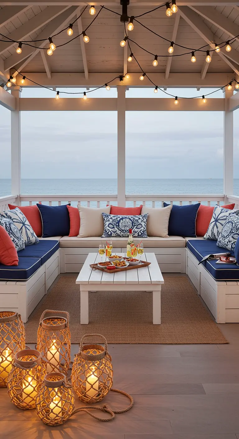 Covered balcony with U-shaped benches, string lights, and blue and white cushions.