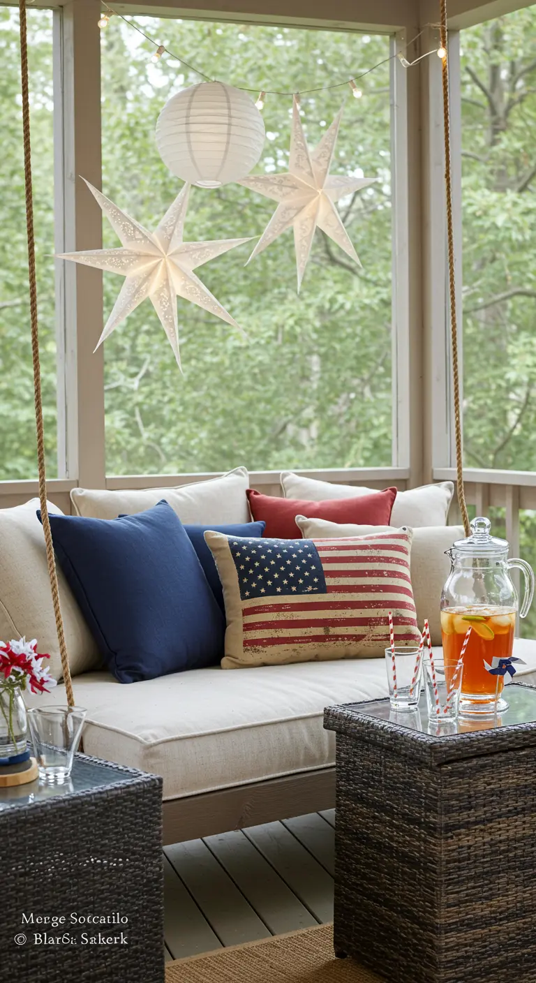 A cozy porch swing with patriotic pillows, iced tea, and hanging paper star lanterns.
